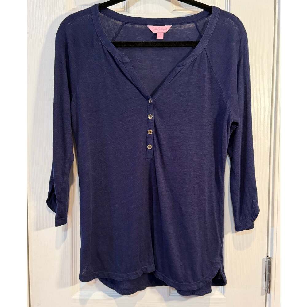 Lilly Pulitzer Navy Linen Henley Top S 3/4 Sleeve Button Placket